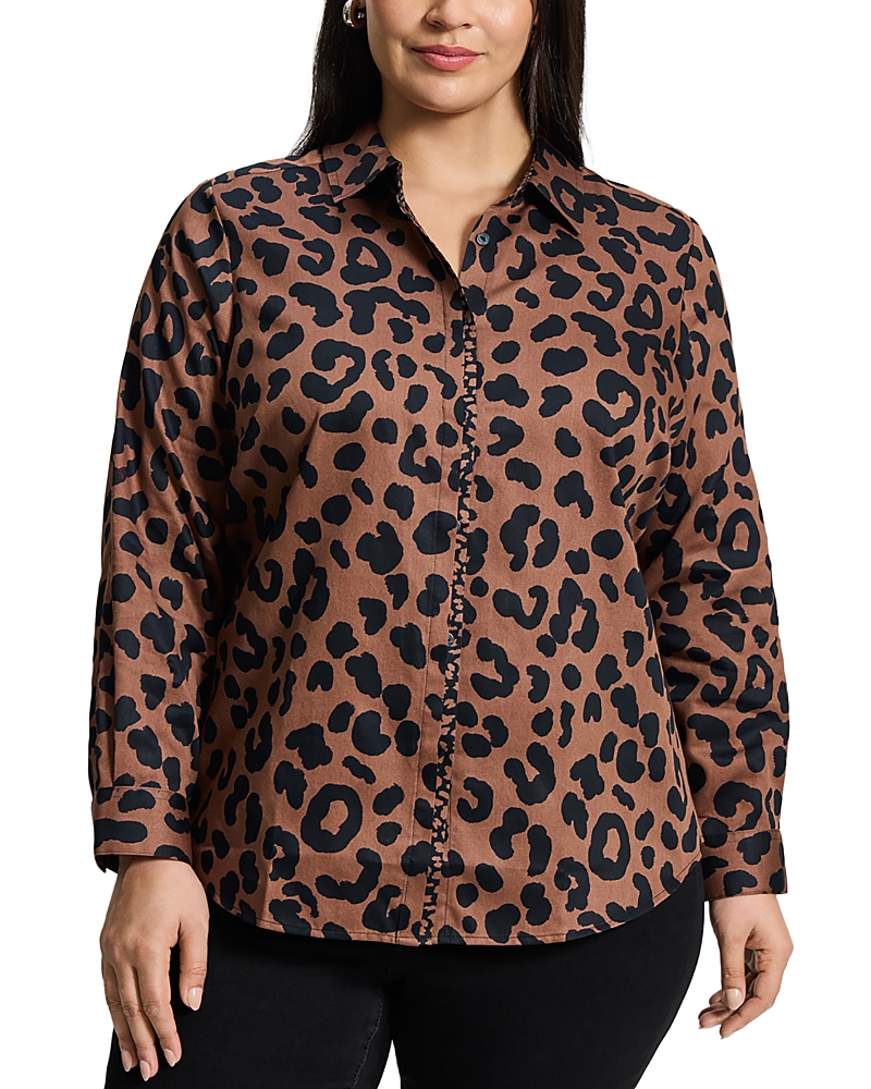 Foxcroft Plus Charlie Cheetah Long Sleeve Shirt In Macchiato/black