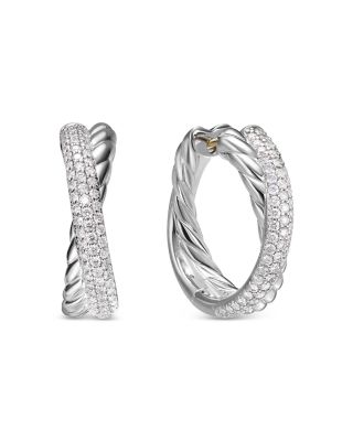 David Yurman - Crossover Hoop Earrings in Sterling Silver with Diamonds, 22.4mm