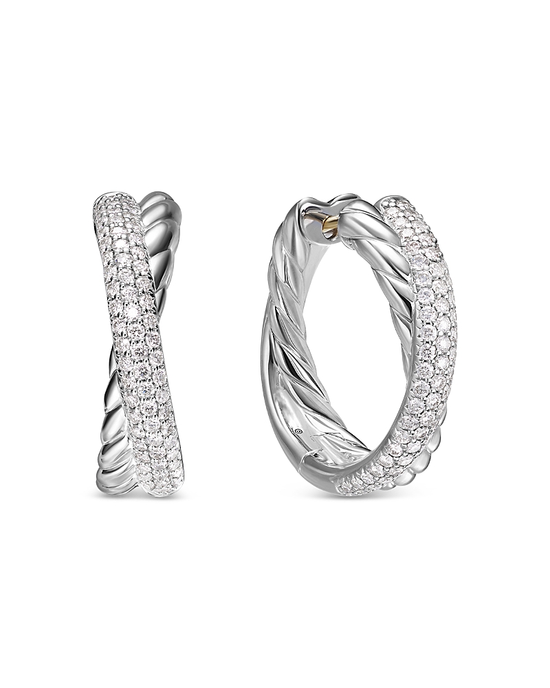 David Yurman Crossover Hoop Earrings in Sterling Silver with Diamonds, 22.4mm