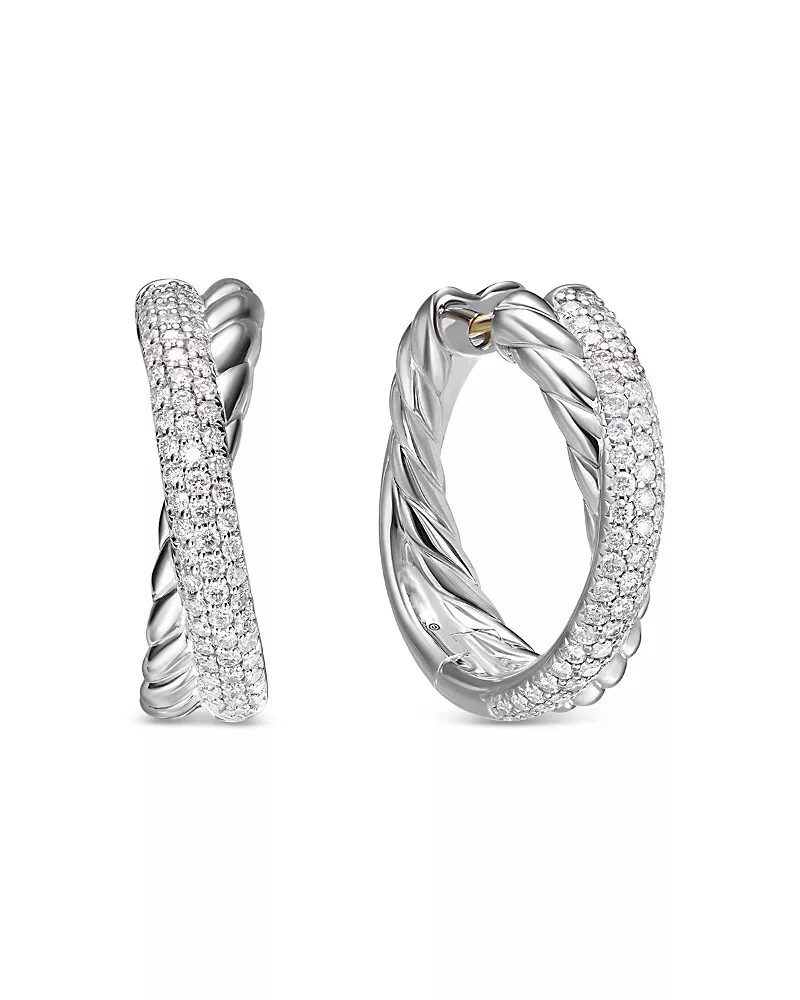 David Yurman Crossover Hoop Earrings in Sterling Silver with Diamonds, 22.4mm