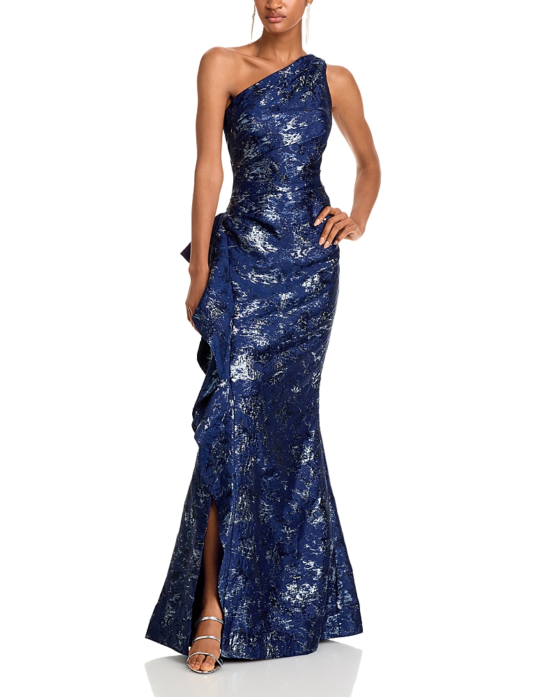 Teri Jon By Rickie Freeman Metallic Jacquard One-Shoulder Gown