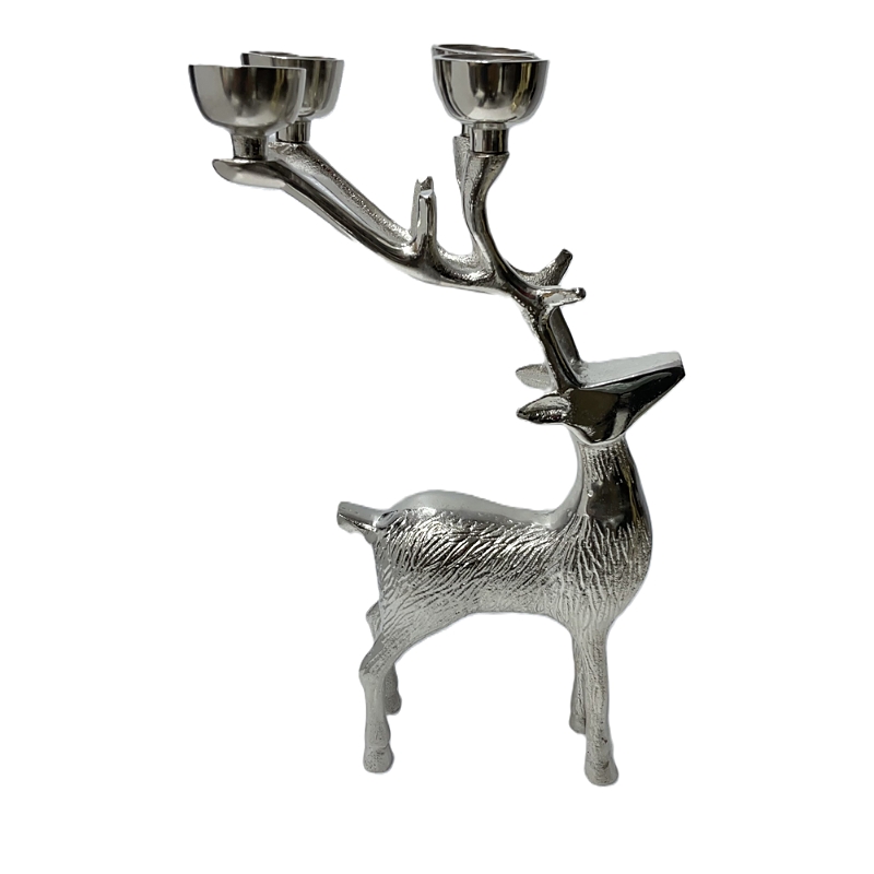 Aman Imports Brushed Silver Metal Large Reindeer With 4 T Lite Holders