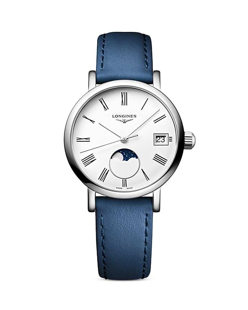 Longines Women's Swiss Elegant Moonphase Blue Leather Strap Watch 30mm In White/blue