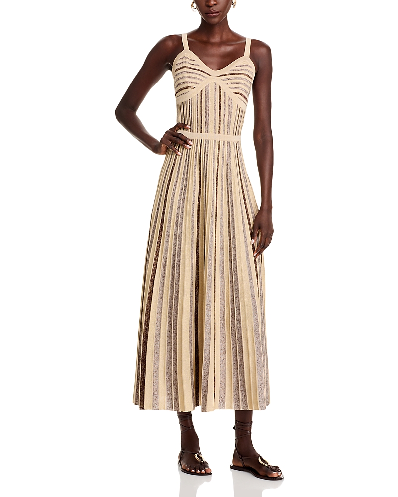 Misook Modern Fit-and-flare Lurex Striped Knit Maxi Dress In Biscotti /mahogany/gold | ModeSens Misook Modern Fit-and-flare Lurex Striped Knit Maxi Dress In Biscotti /mahogany/gold | ModeSens