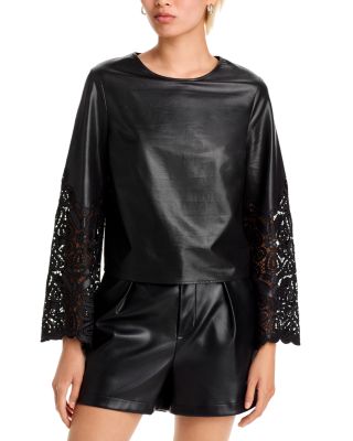 MILLY - Lara Faux Leather Embroidered Long Sleeve Top