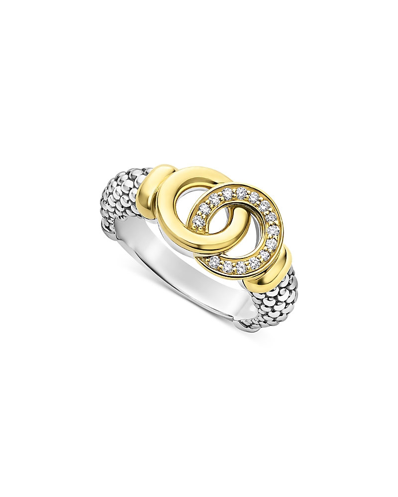 Lagos Signature Caviar Two-tone Interlocking Diamond Ring In Gold/silver