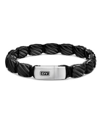 Men's Sculpted Cable Woven Tile Bracelet in Black Titanium with Sterling Silver and Black Nylon, 8.5mm