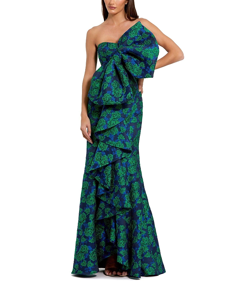 Mac Duggal Strapless Brocade Oversized Bow With Ruffle Fitted Gown In Emerald Multi