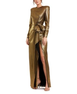 Mac Duggal - Metallic Jersey Long Sleeve Bow Detail Thigh High Slit Gown