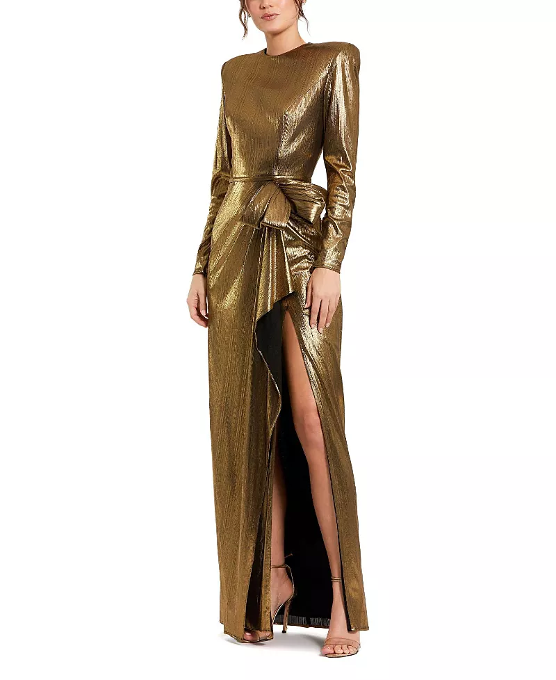 Mac Duggal Metallic Jersey Long Sleeve Bow Detail Thigh High Slit Gown