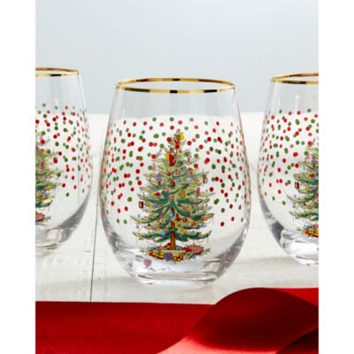 Christmas Tree Polka Dot Stemless Wine Glass, Set of 4