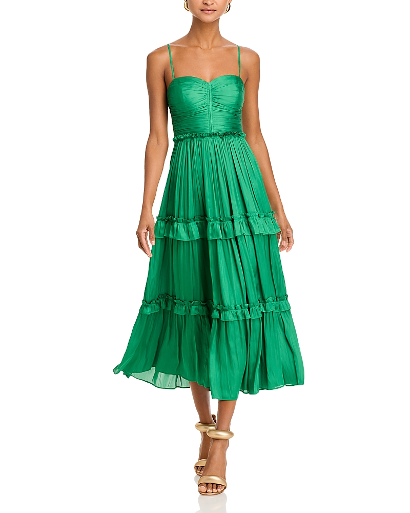 AQUA RUCHED RUFFLED MIDI DRESS - EXCLUSIVE
