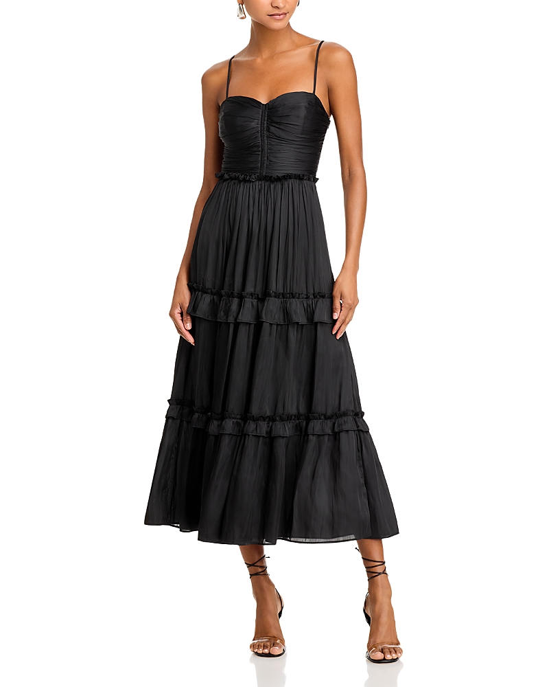 AQUA RUCHED RUFFLED MIDI DRESS - EXCLUSIVE