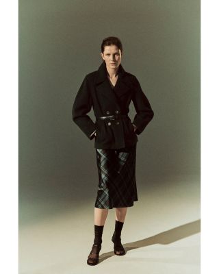 Wool Blend Leather Trim Double Breasted Jacket