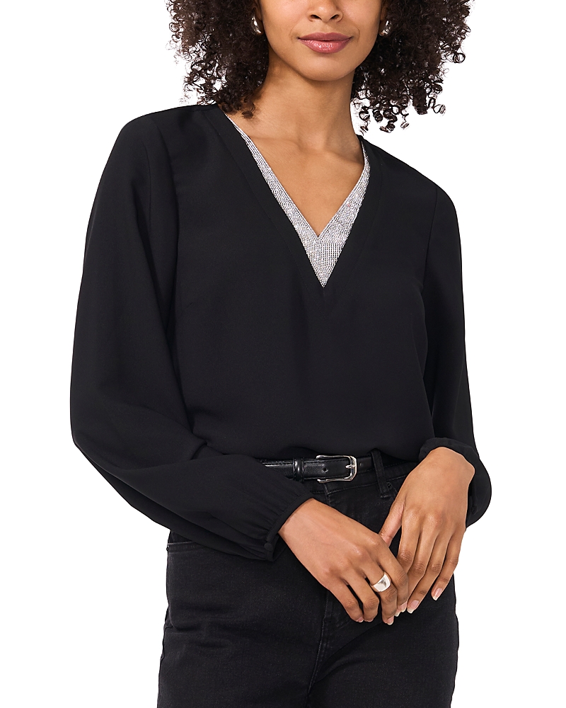 Shop Vince Camuto Rhinestone Trimmed Long Sleeved Top In Rich Black