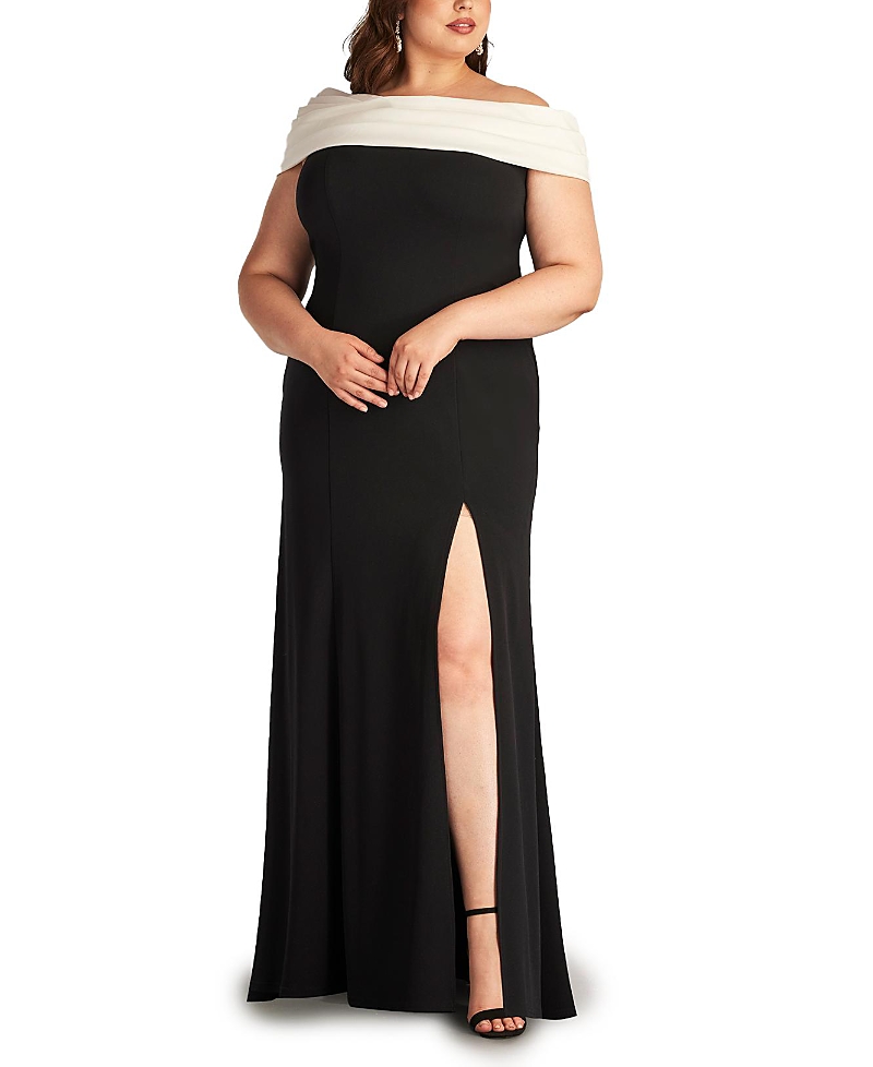 Tadashi Shoji Plus Dalton Two-Tone Off-Shoulder Gown