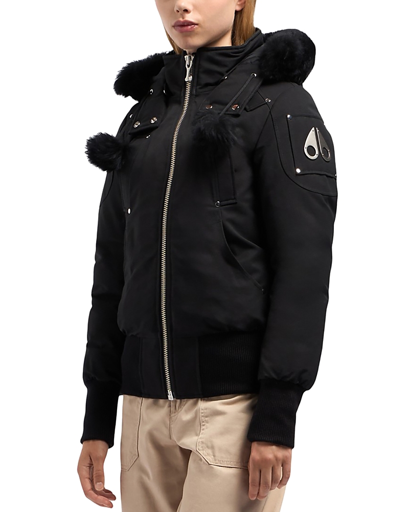 Moose Knuckles Debbie Shearling Trim Down Bomber Jacket In Black / Black Shearling