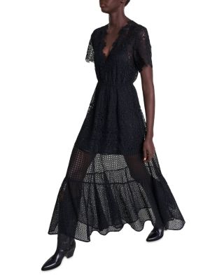 green emerald velvet dress Maje Women's Fit and Flare Mesh Embroidered Polyester Trims Dress E17ringo