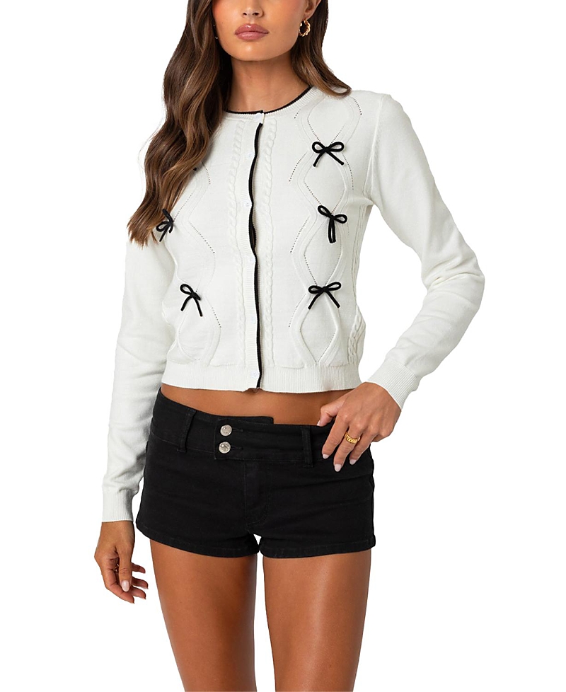 Edikted Contrast Bow Knit Cardigan In Cream