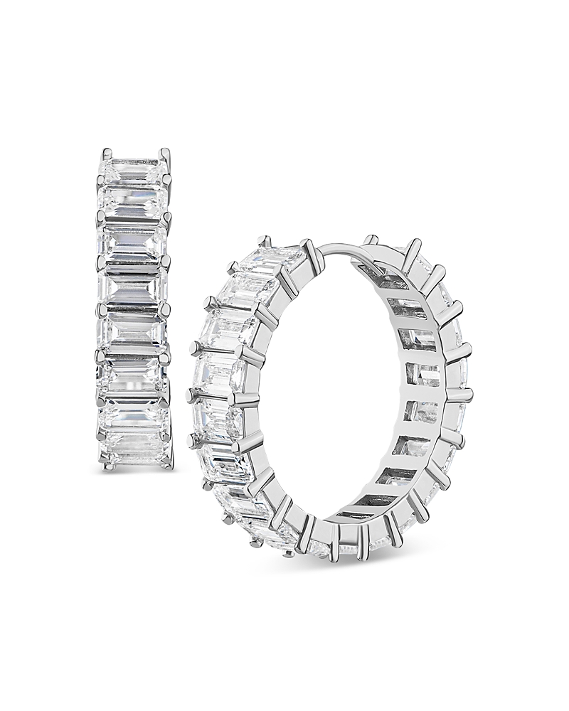 Kenneth Jay Lane Emerald Cut Cubic Zirconia Hoop Earrings In Rhodium Plated In Silver