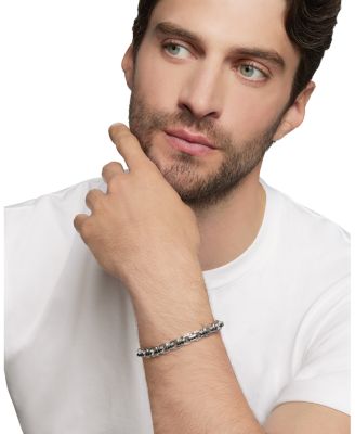 Men's Box Chain Bracelet in Sterling Silver with Black Diamonds, 7.3mm