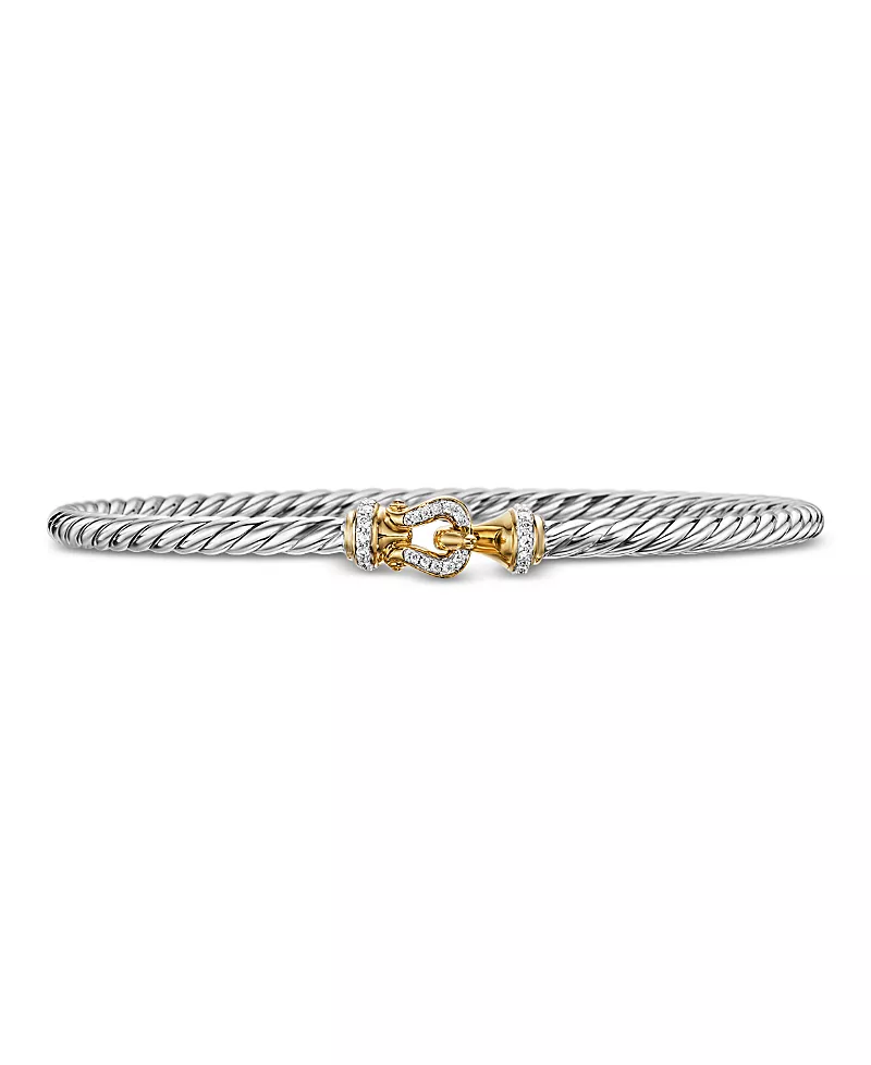David Yurman Buckle Classic Cable Bracelet in Sterling Silver with 18K Yellow Gold and Diamonds, 3mm