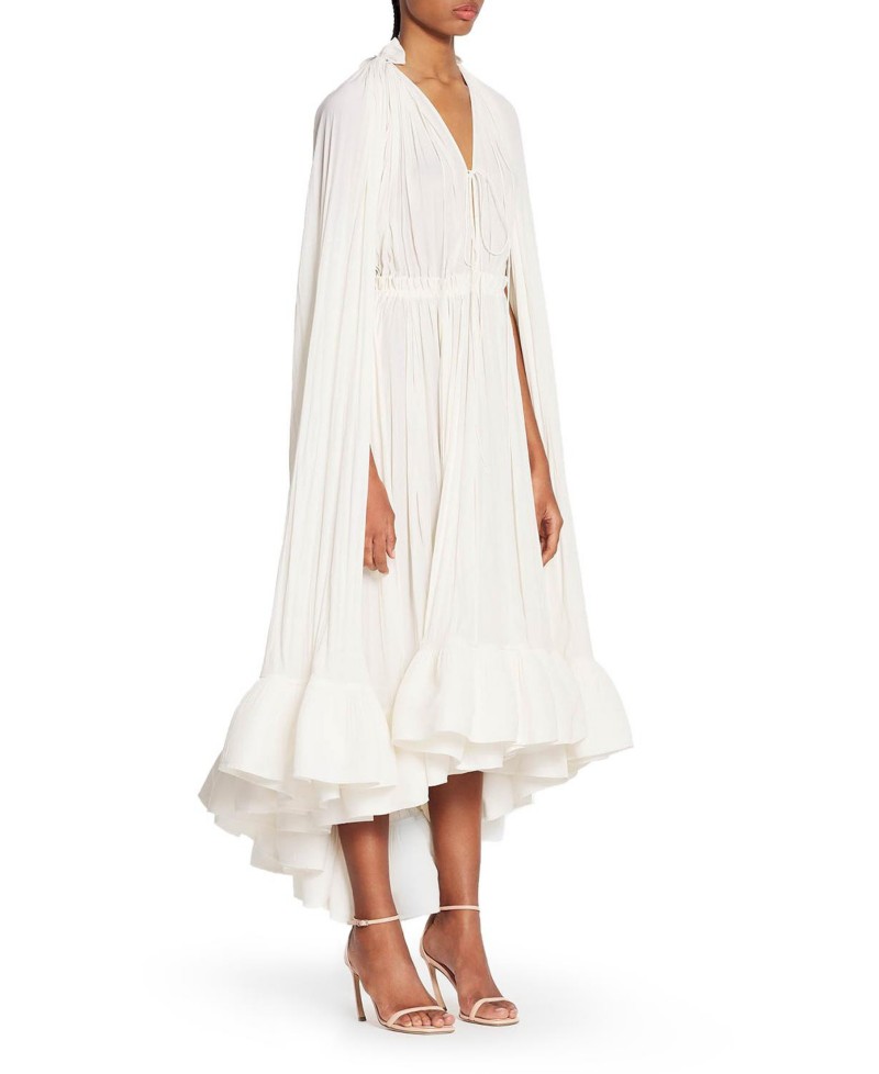Lanvin Long Charmeuse Ruffle Dress in Off White