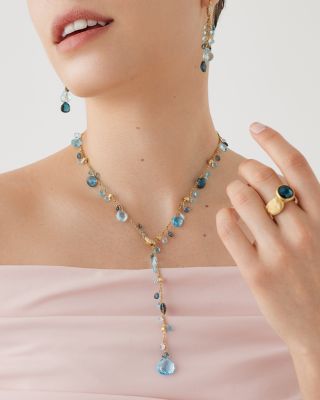 18K Yellow Gold Paradise Topaz Swiss Blue Topaz, London Blue Topaz & Diamond Lariat Necklace, 17.25"