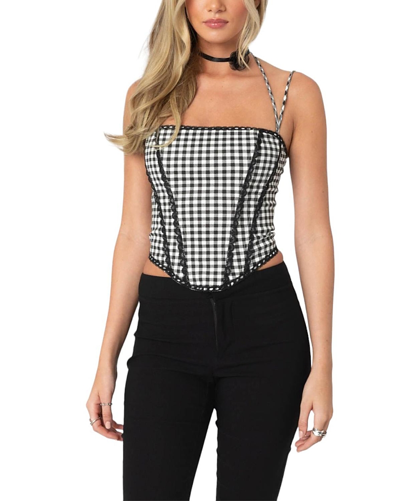 Edikted Gingham Lace Trim Corset Camisole In Black And White