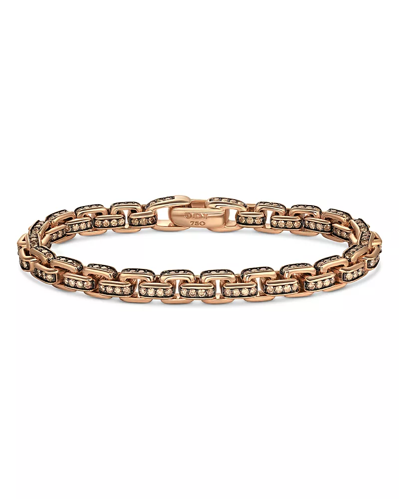 David Yurman Men's Box Chain Bracelet in 18K Rose Gold with Pave Cognac Diamonds