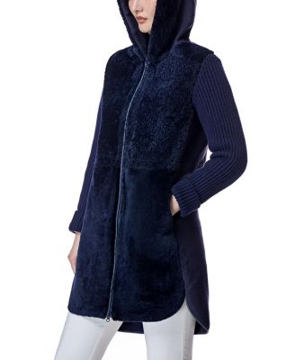 Hooded Shearling Coat with Knit Trim