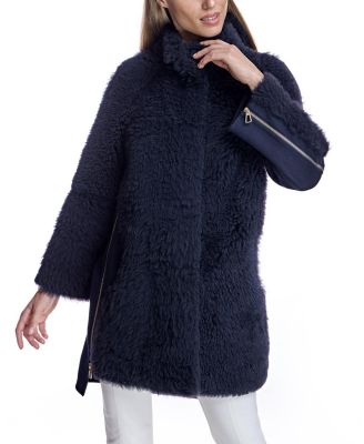 Mixed-Media Shearling Coat With Zipper Trim