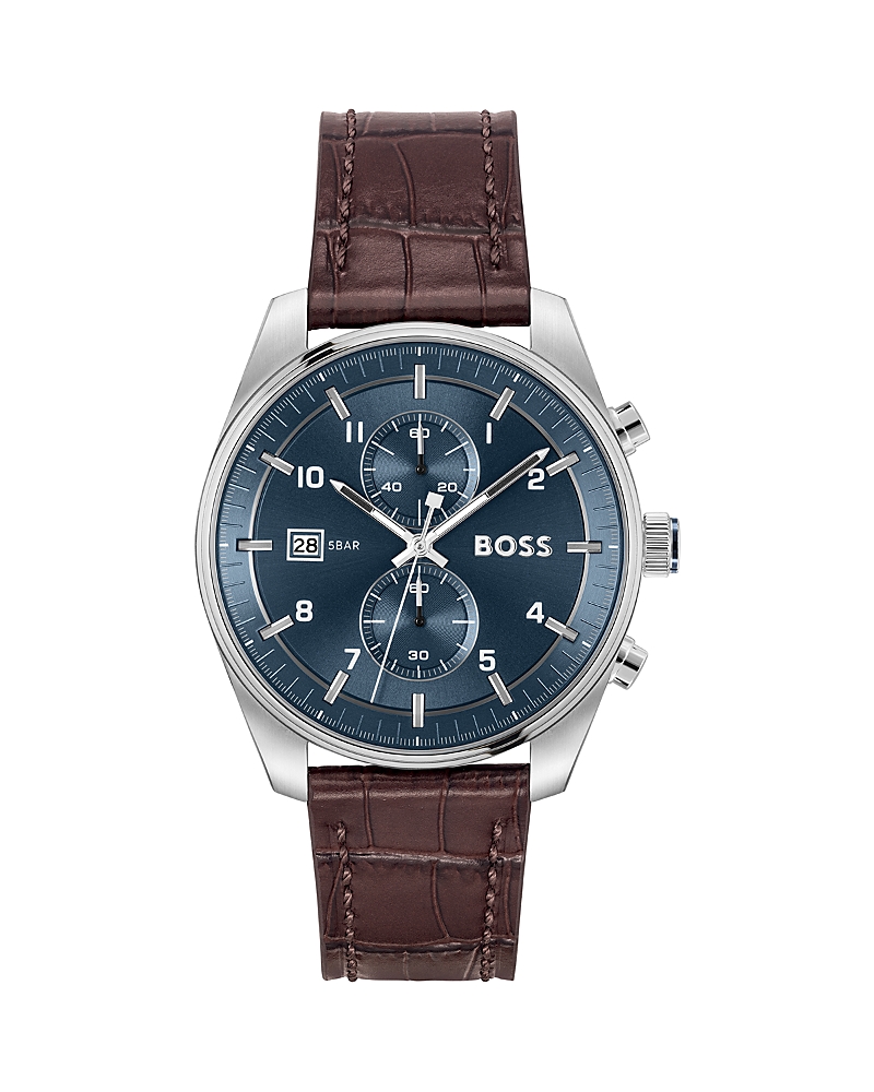 Hugo Boss Blue-dial Chronograph Watch With Alligator-embossed Leather Strap Men's Watches In Blue/brown