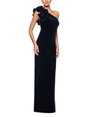 Cap Sleeve V-Neck Gown with Side Waterfall Ruffle Royal Blue