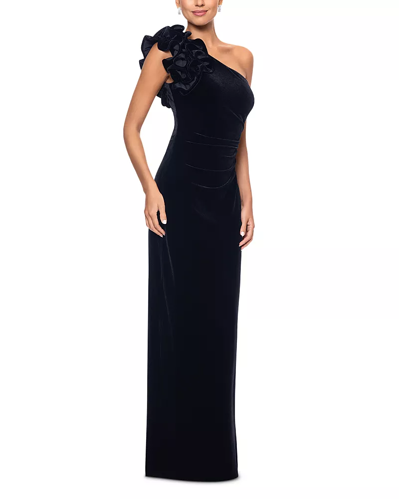 Aqua Velvet Ruffle One Shoulder Gown - Exclusive