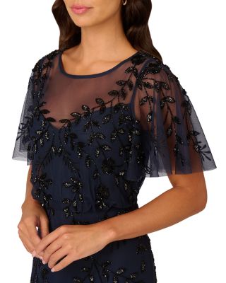 Beaded Mesh Blouson Column Gown