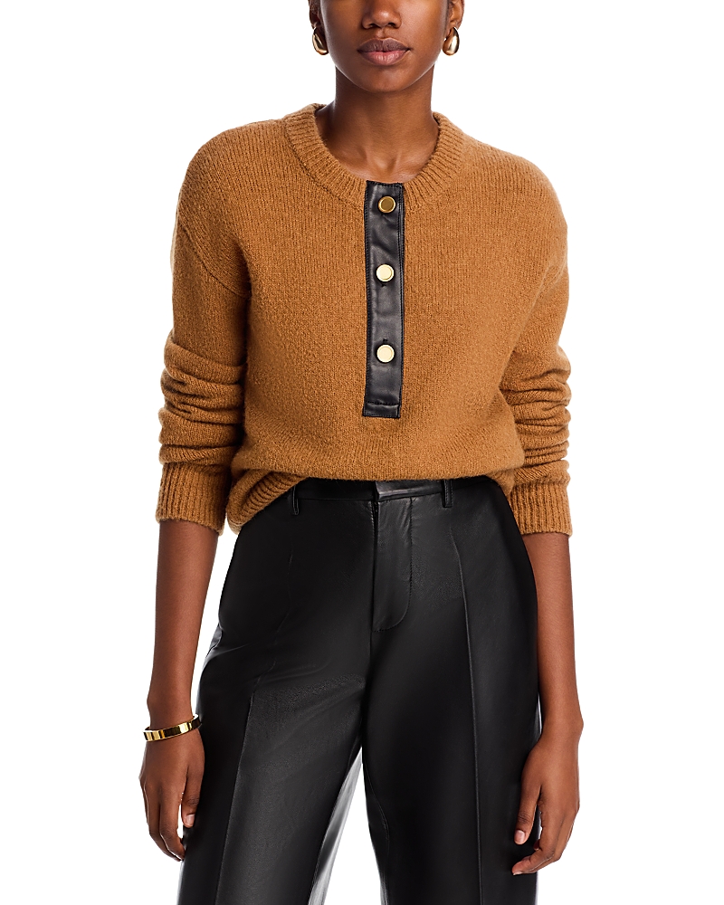 Frame Leather Trim Half Button Alpaca Blend Sweater In Camel