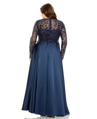  Plus Sheer Long Sleeve Beaded Top Satin Gown