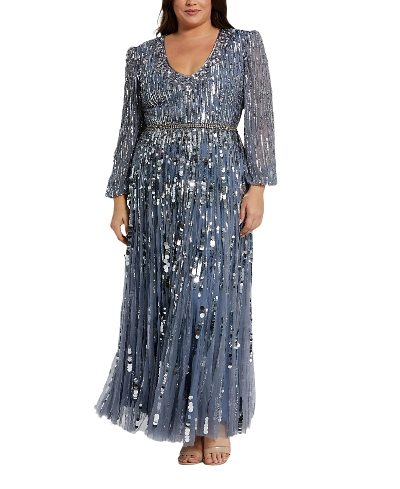 Mac Duggal Long Sleeve Beaded Crystal Deep V Neckline Gown In Slate Blue