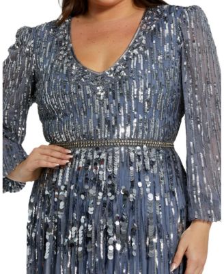  Plus Long Sleeve Beaded Crystal Deep V Neckline Gown