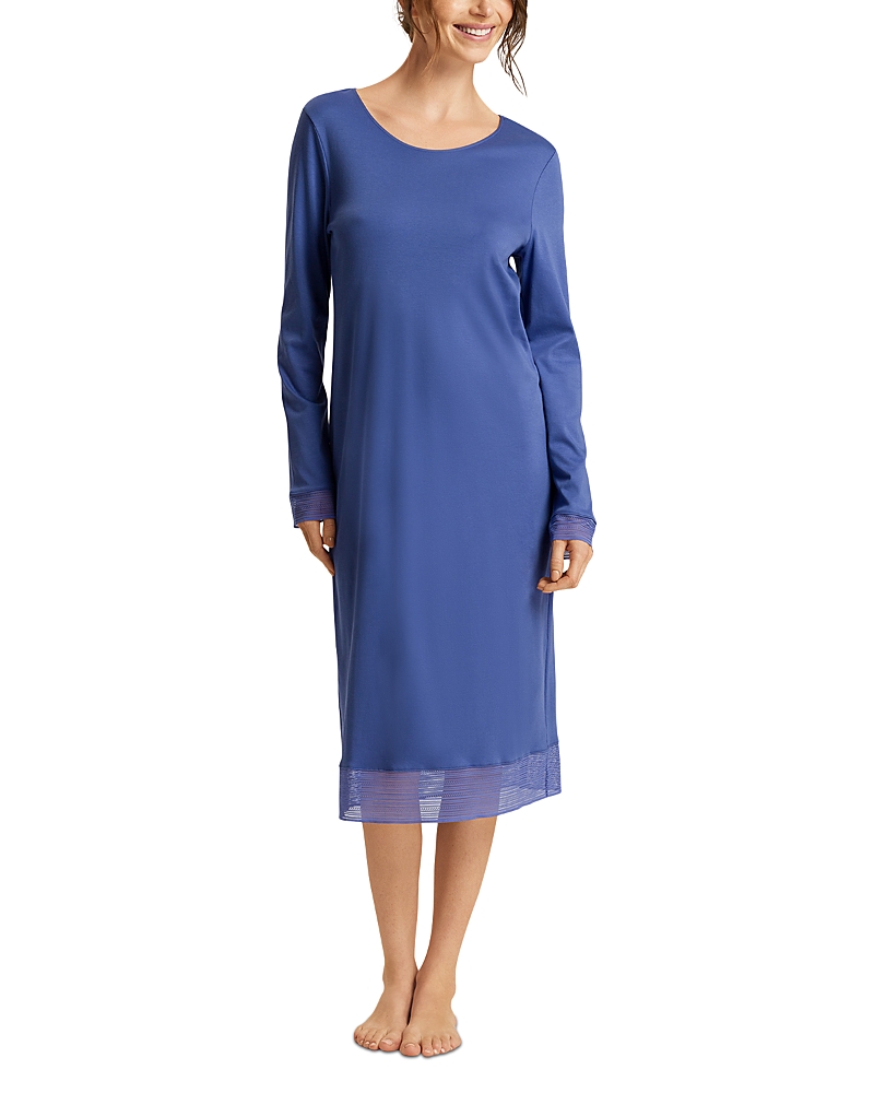 Shop Hanro Sophie Lace Trim Long Sleeve Nightgown In Blue Horizon