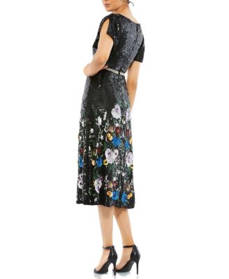 Embellished V Neck Flutter Sleeve Dress