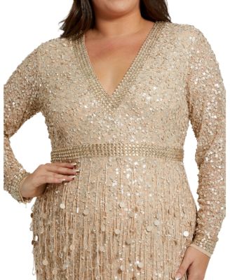  Plus Embellished Fringe Long Sleeve Gown