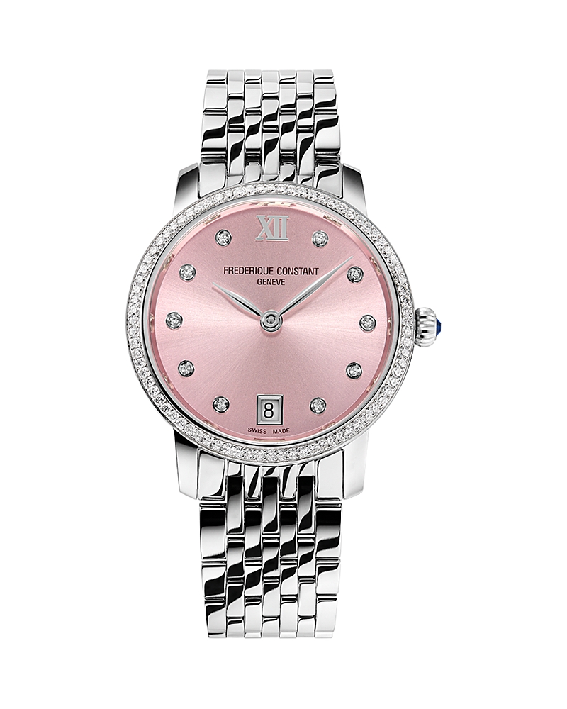 Frederique Constant Women's Swiss Slimline Diamond (5/8 Ct. T.w.) Stainless Steel Bracelet Watch 30mm In Pink/silver