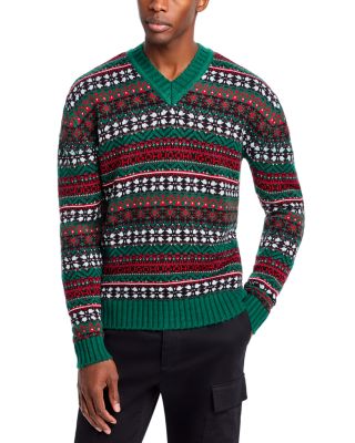 HUGO - Sissoh Wool Blend Fair Isle Relaxed Fit V Neck Sweater