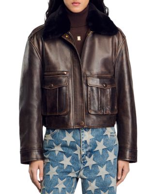 Sandro - Pilot Leather Aviator Shearling Collar Jacket