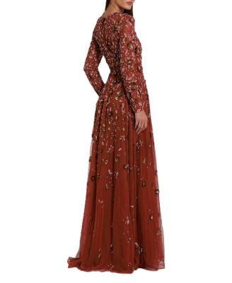 Embellished High Neck Long Sleeve A-Line Gown