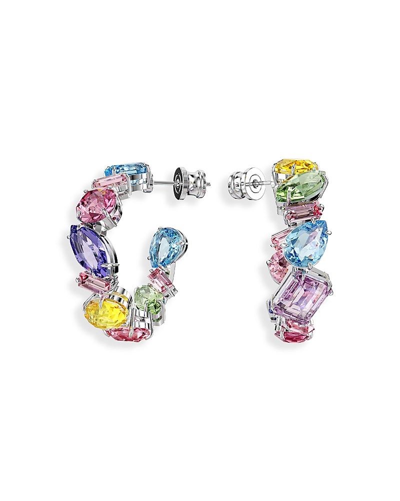 Swarovski Asymmetrical Design, Mixed Cuts, Small, Multicolored, Rhodium Plated Gema Hoop Earrings In Multi
