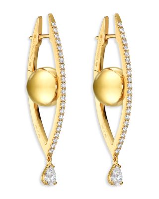 18K Yellow Gold Reflections Diamond Eye Shaped Elongated Hoop Earrings