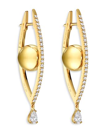 18K Yellow Gold Reflections Diamond Eye Shaped Elongated Hoop Earrings